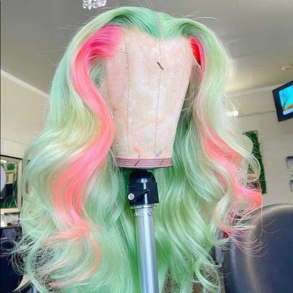 mint green with a pink highlight Human Virgin Hair Pre Plucked Lace Front Wig